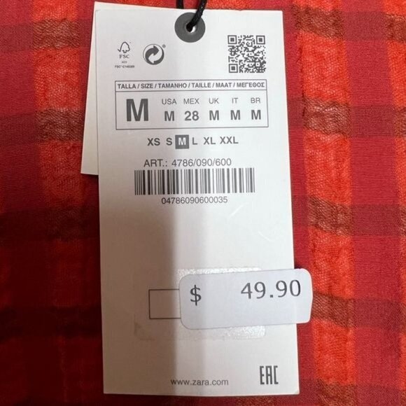 Zara dress plaid v neck short sleeve ruching details wrap clausure Orange Sz M - Picture 2 of 4